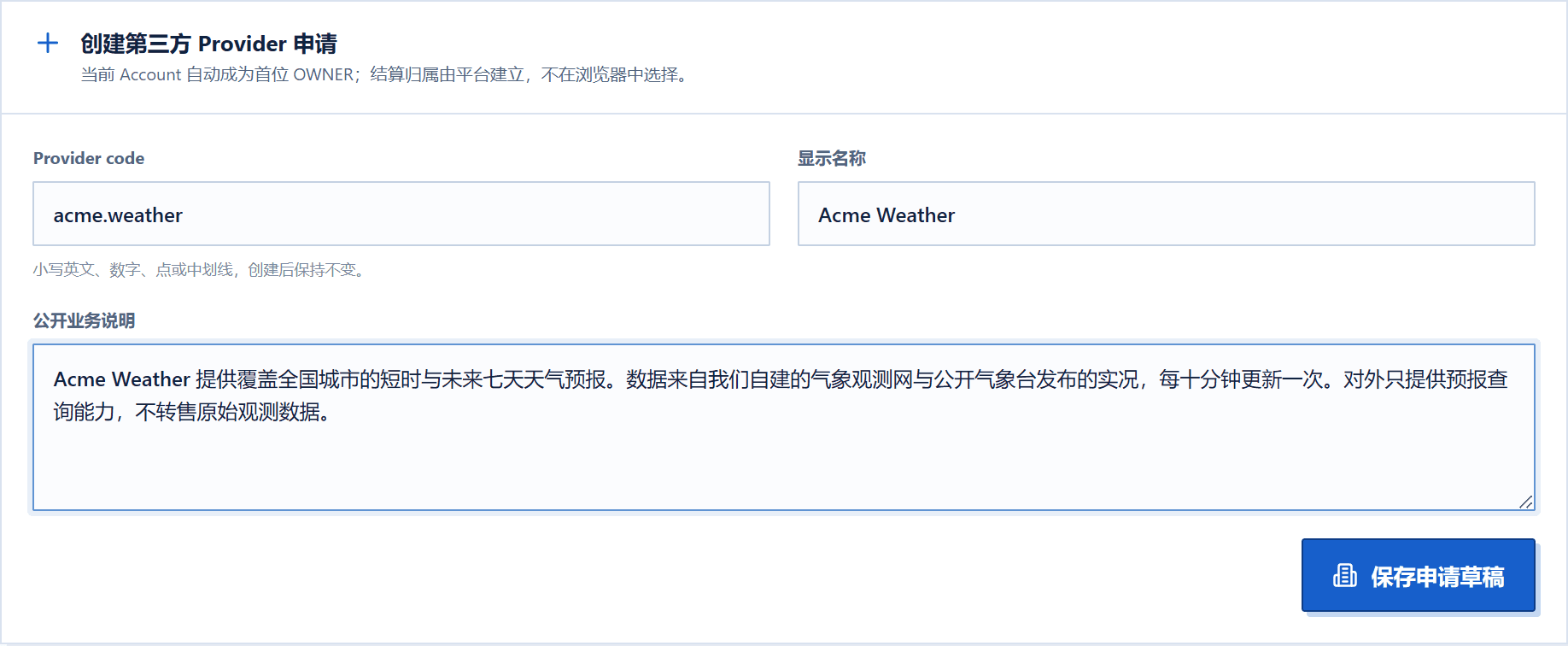 The create-provider form, filled in with a provider code, display name and public business description