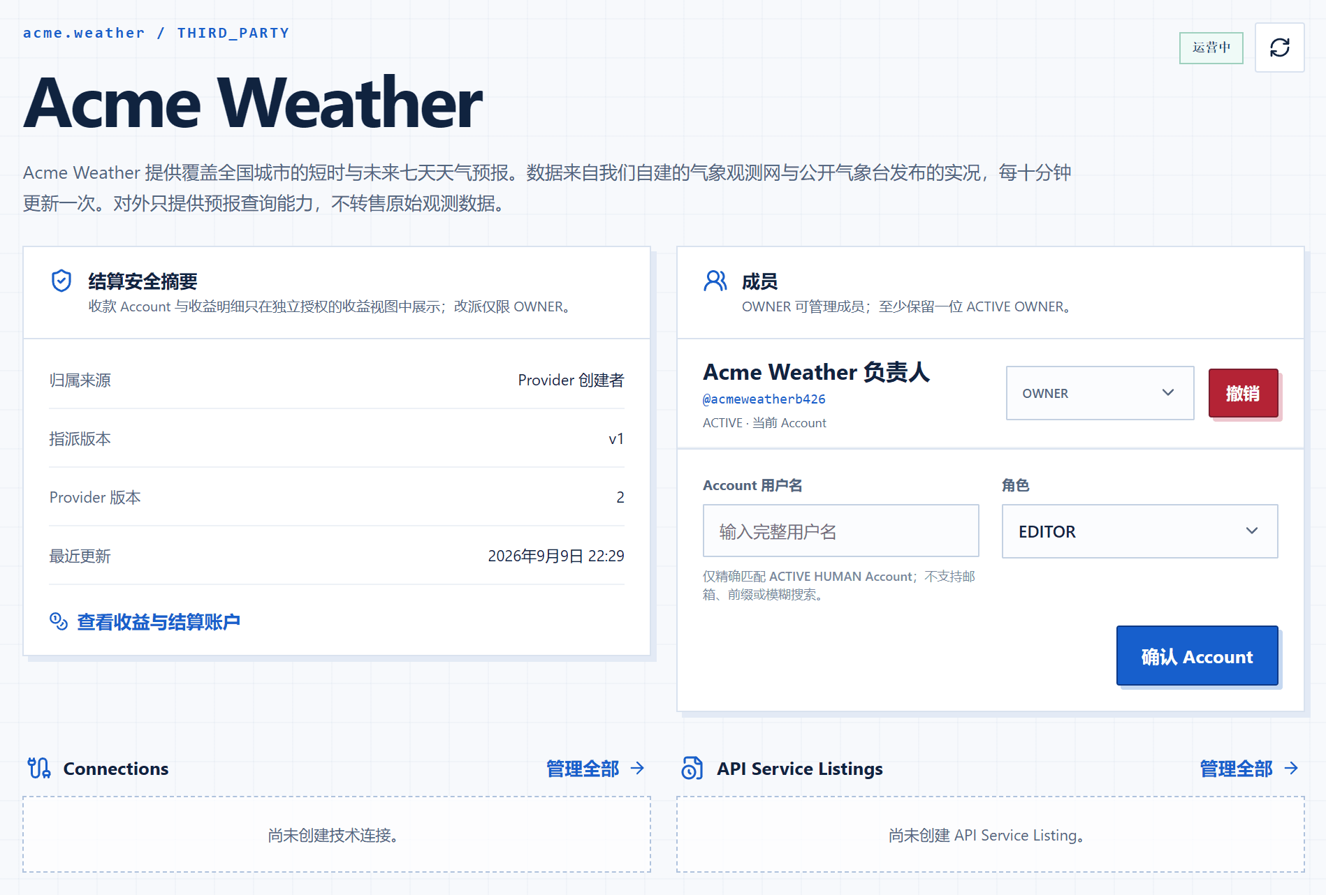 The same provider detail page, now showing an active status badge with empty Connections and API Service Listings sections