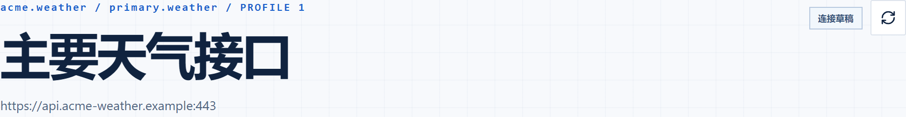 The top of the connection detail page showing acme.weather / primary.weather / PROFILE 1 and a draft status badge